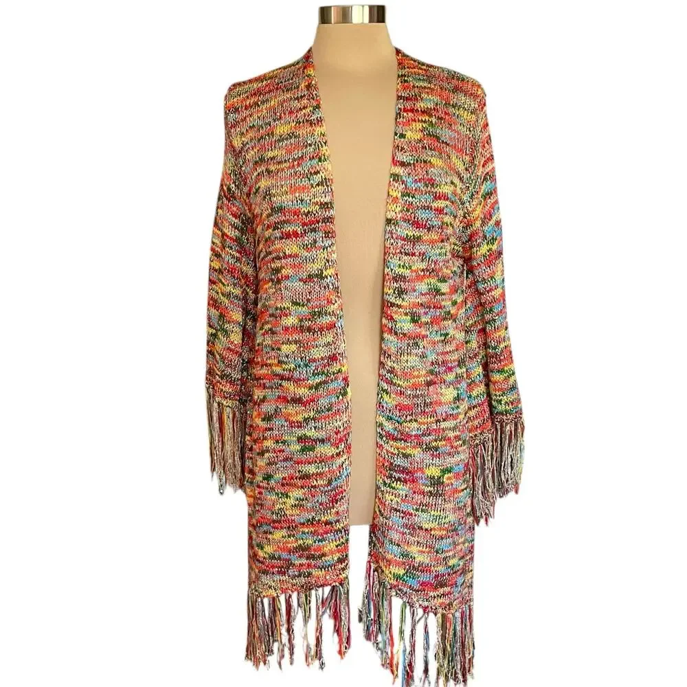 Easel Multicolor Variegated Longline Cardigan Sequins Fringe M/L Boho Festival